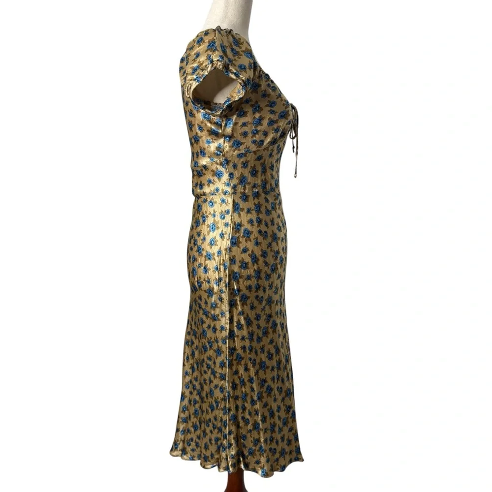 SOLD Vintage Betsey Johnson Satin Rose Print Milkmaid Midi Dress - Picture 7 of 12